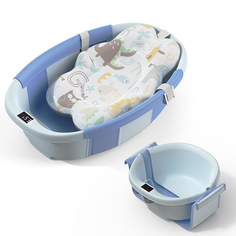 Collapsible Baby Bathtub, 3s to Install, Baby Bath Tub with Soft Cushion & Thermometer, 0-36 Months Newborn Bathtub, Portable Travel Baby Tub, Grey