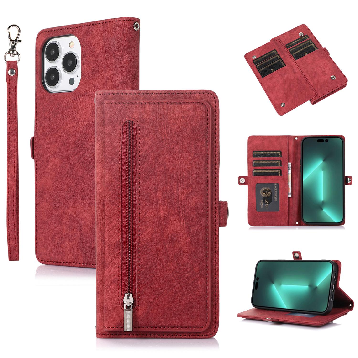 

For iPhone 15 Pro Multifunction PU Leather Wallet Phone Case Zipper Pocket Phone Cover with 9 Card Slots Red