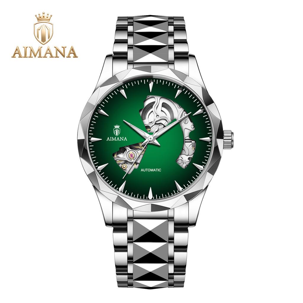Men Business Automatic Mechanical Wrist Watch Hollow Skeleton Dial Steel Band Watch Luminous Hands Waterproof