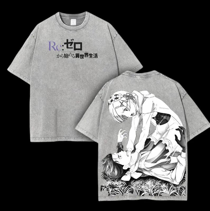 Re ZERO Rem Subaru Retro T-Shirt Anime Harajuku Vintage Washed T-Shirt Herren Damen Kleidung Oversized 100% Baumwolle T-Shirts Kleidung