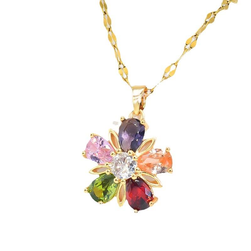 Five-Petaled Flower Necklace Retro Ethnic Style Versatile Women'S Collarbone Chain Inlaid With Colorful Zircon Exquisite Pendant