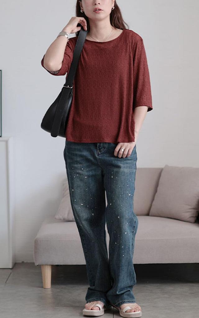 Gold Japan Plus Size Size 5L Women's Top, 5/8 Sleeve, Lace, Sheer, Stretch, Summer, Autumn, Spring, Maru-30155, Brown,