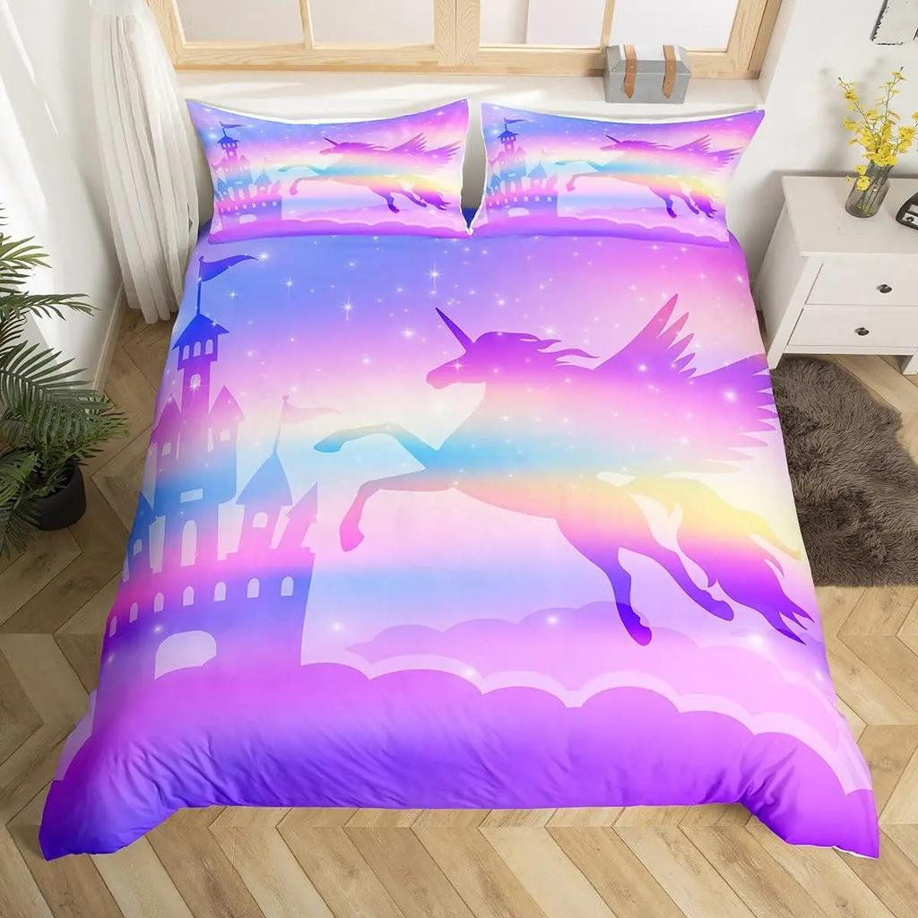 Unicorn Duvet Cover Twin King Cartoon Castle Comforter Cover Dreamy Magical Animal Bedding Set Rainbow Stars Bedspreads Cover