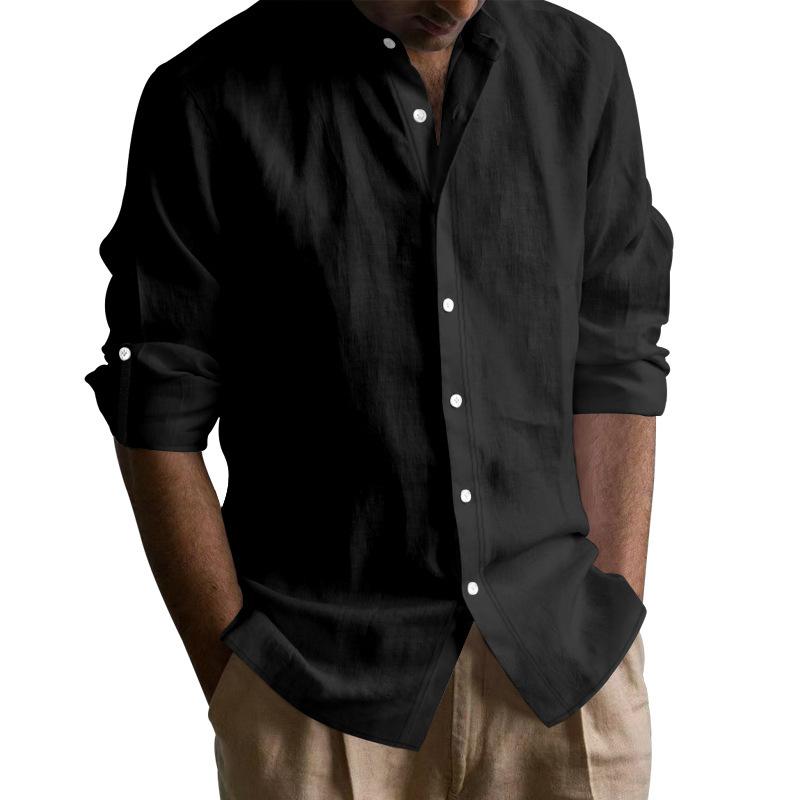 Cotton Linen Hot Sale Men's Long-Sleeved Shirts Summer Solid Color Stand-Up Collar Casual Beach Style Plus Size
