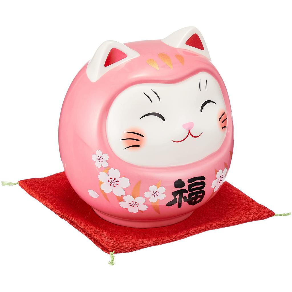 Yakushi Kiln, Colorful Lucky Cat Daruma Piggy Bank, Large, 14cm Tall, Cherry Blossom Design, 7820