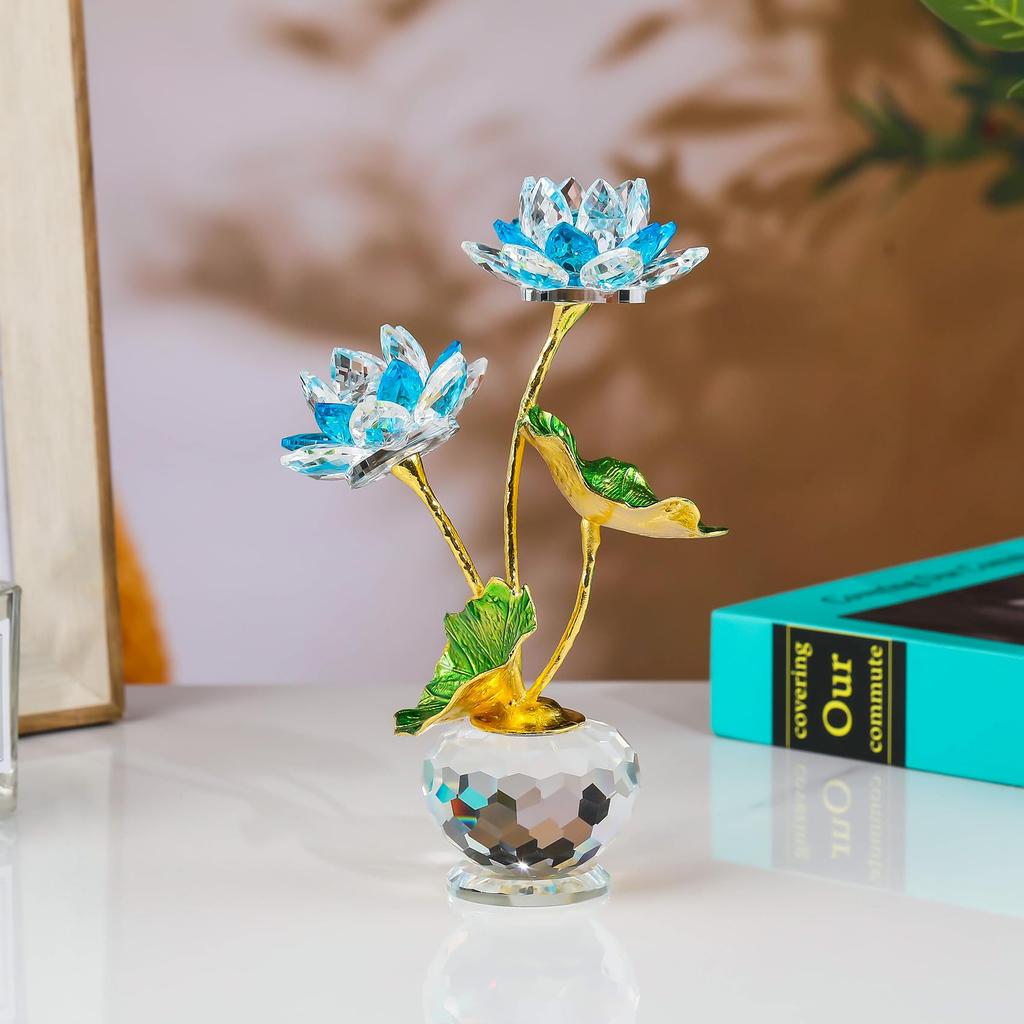 Kertari K9 Crystal Glass Lotus Flower Metal Lotus Leaf Artificial Flower Home Decor Ornament Crystal Lotus Good Luck Feng Shui Item Never Withers