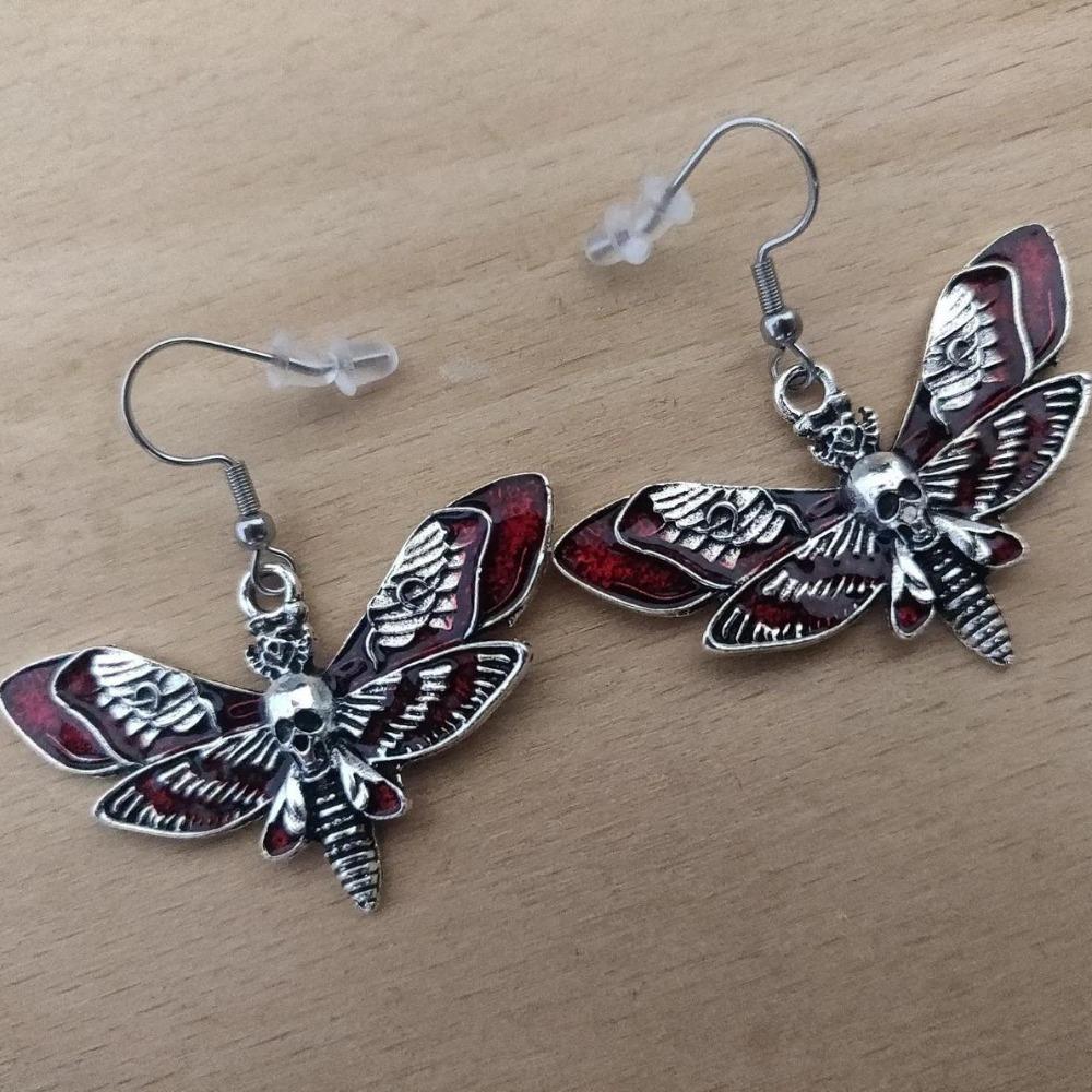 Personality Gothic Blood-red Death Moth Skull Dangle Earrings for Women Halloween Party Demon Slayer Jewelry Accessories Gifts