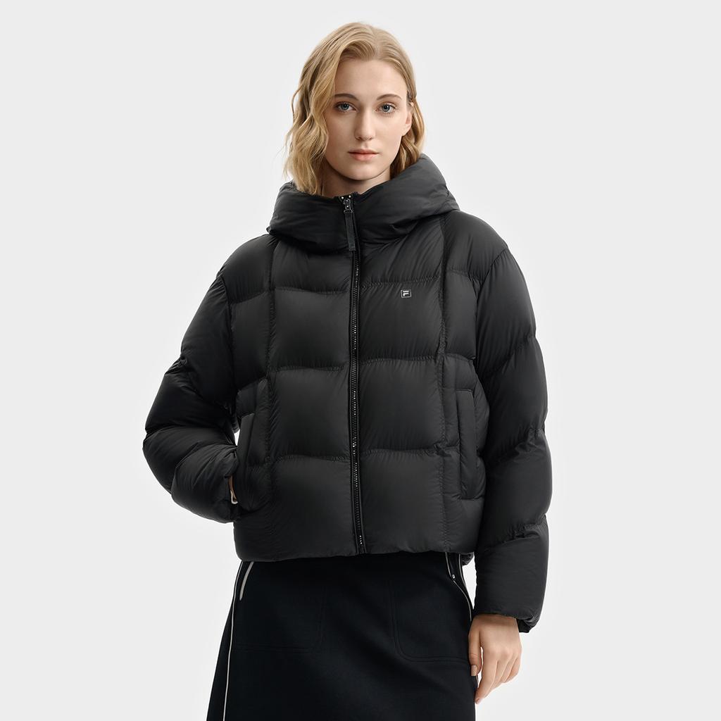Fila White Casual Commuter Classic Simple Comfortable Versatile Stretchy Goose Down Warm Hooded Jacket Women Outerwear Black F11W543916FBK