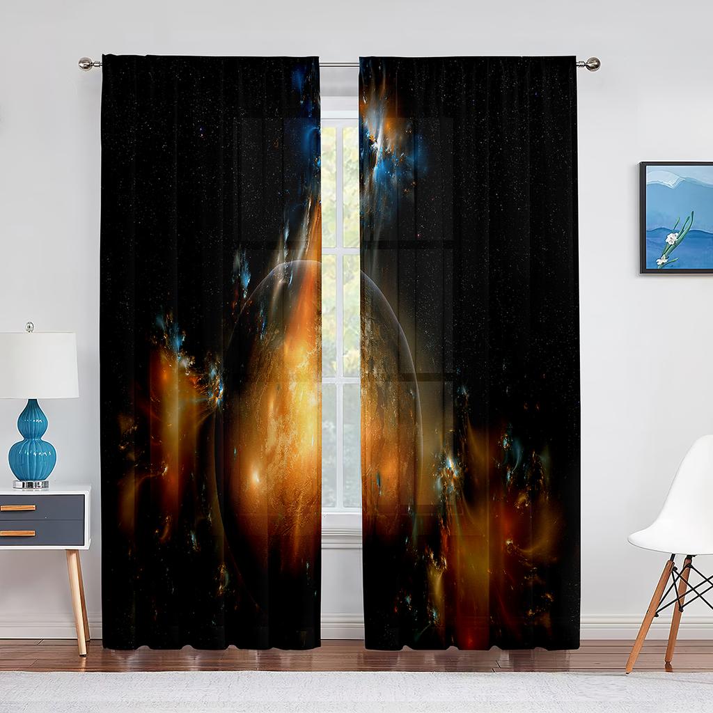 Solar System Outer Space Sheer Voile Curtain for Living Room Bedroom Decor Planet Galaxy Glitter Fantasy Window Tulle Curtains