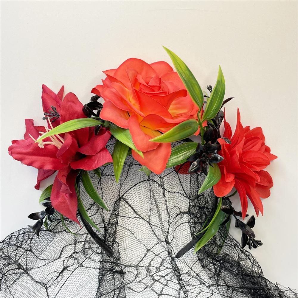 Bentiță Coroană de Flori Ziua Morților cu Voal Negru Accesorii de Petrecere pentru Femei