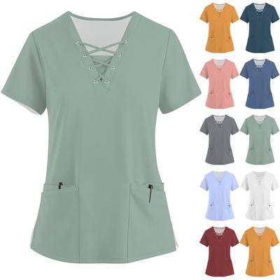 Haine de lucru pentru femei, la modă, cu decolteu în V, cu mâneci scurte, cu șnur și buzunare Topuri de culoare uni și îmbrăcăminte de protecție
