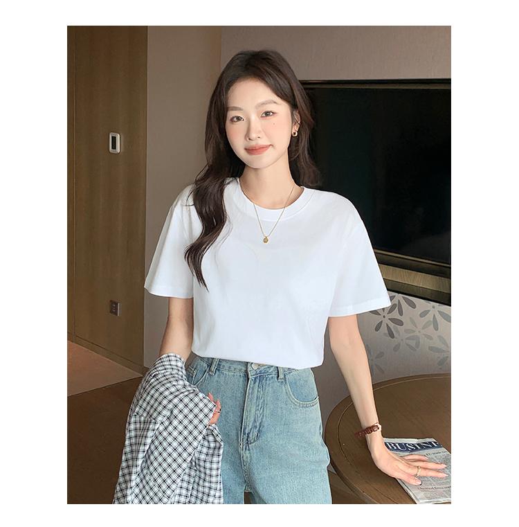 Cotton short sleeved t-shirt paired with spring/summer new loose and slimming front shoulder versatile top JS