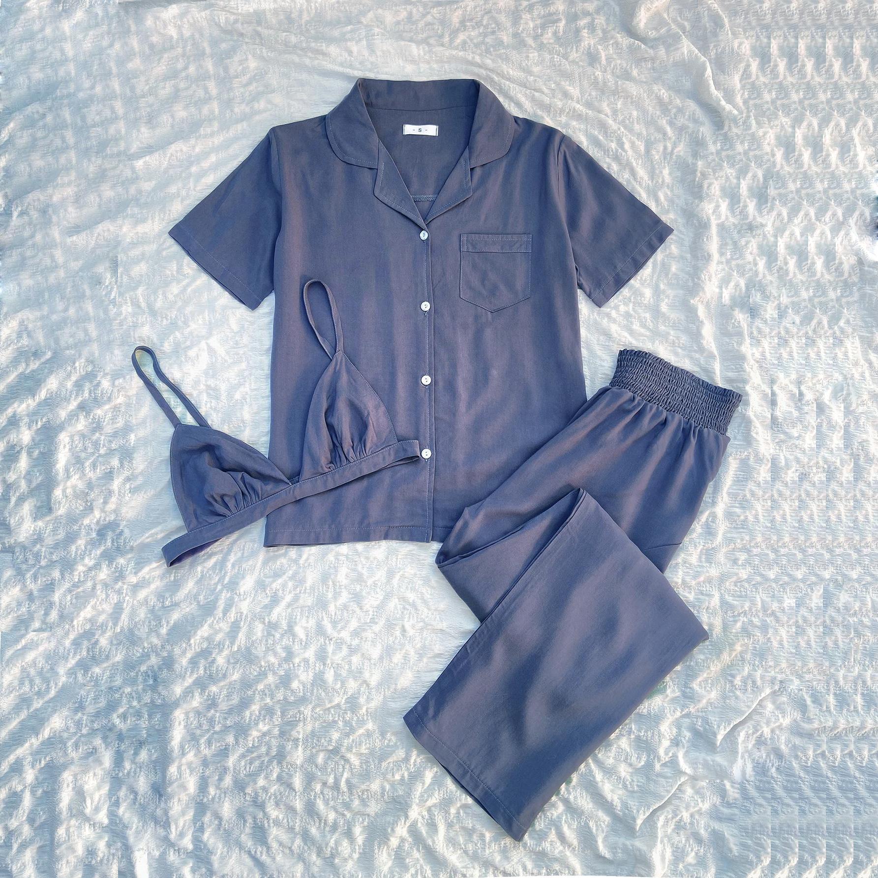 

Женские пижамы из искусственного шелка, комплект из 3 предметов, топ с короткими рукавами и пуговицами, длинные брюки, удобный бюстгальтер, весна-лето, домашняя одежда, домашний костюм, одежда для сна XL серый