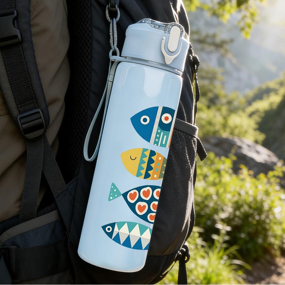 1PC Colorful School Of Fish Print 750ml Color Plastic Sports Water Bottle Leakproof Flip Straw Lid Suitable for Sports Office Home Use