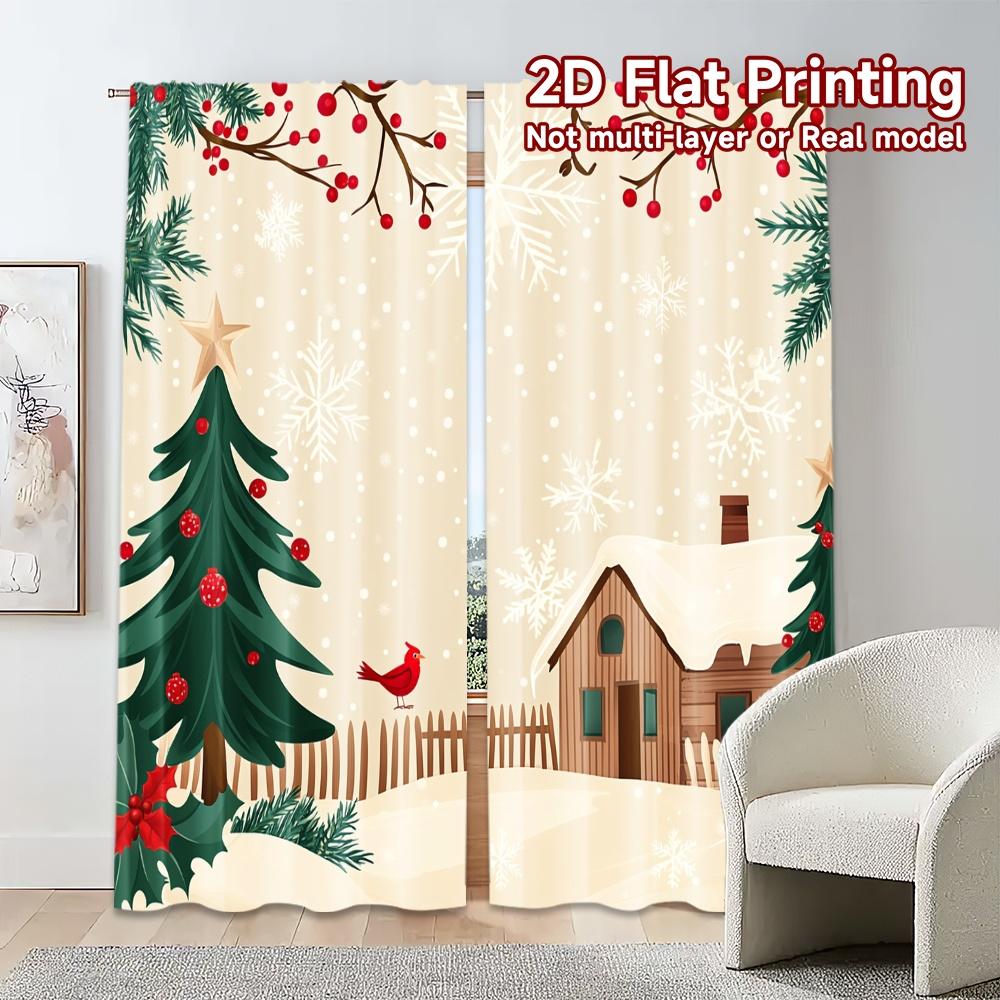 Set Of 2 Modern Curtains Christmas Cabin Snowflakes Cardinal Minimalist Durable Polyester Fabric Gifts Curtain