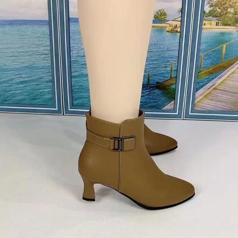 Autumn Retro Fashion Boots Pointed Middle Heel Side Zipper Short Boots Belt Buckle Stiletto Women's Boots Martin Boots Women's