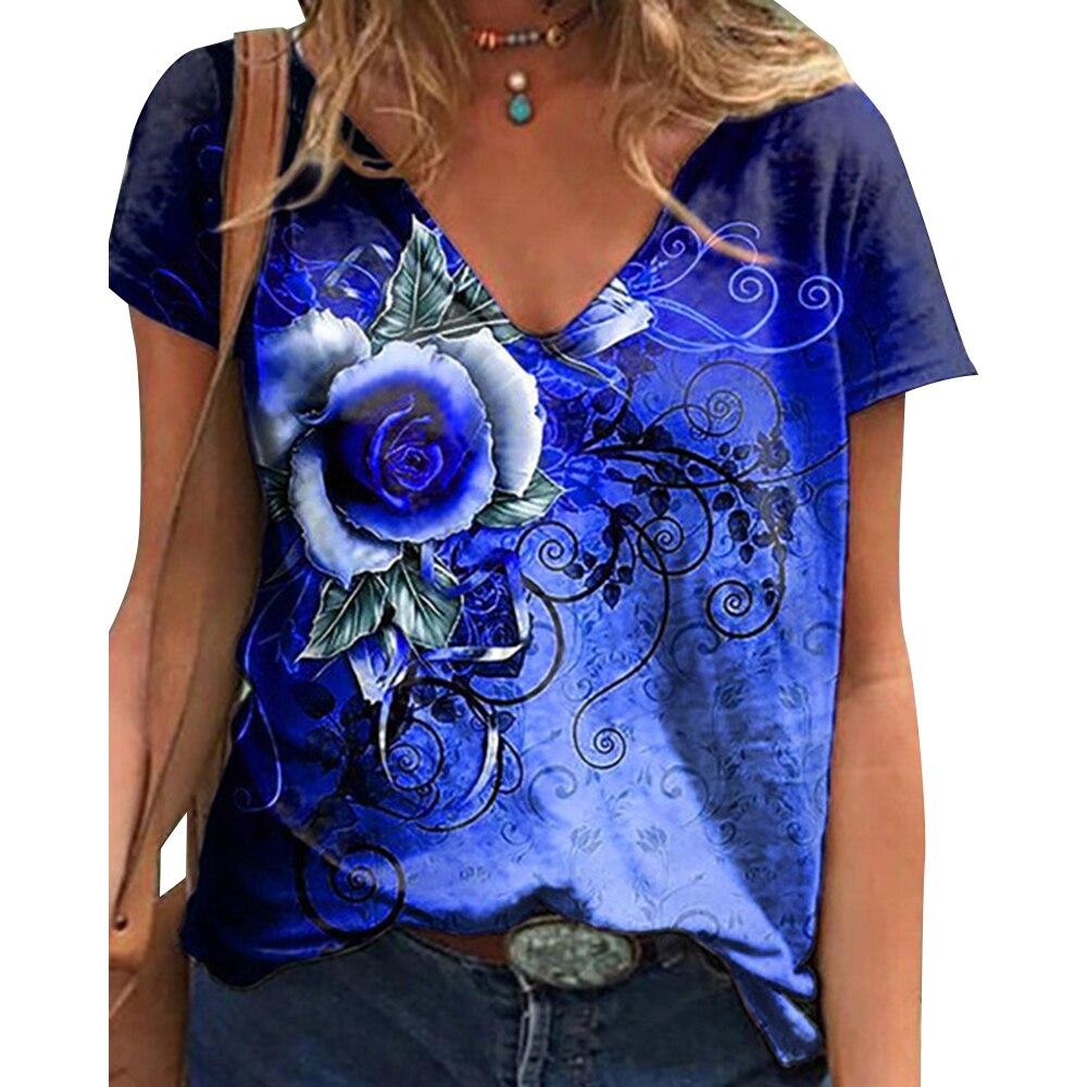 Fashion Spring  Rose Print Blouses Short Sleeved V-Neck T Shirts Casual