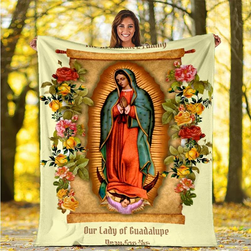 Our Lady of Guadalupe Pattern Flannel Throw Blanket Religion Mary Soft Cover Lightweight Warm for Bedroom Sofa Decor Kids Adults