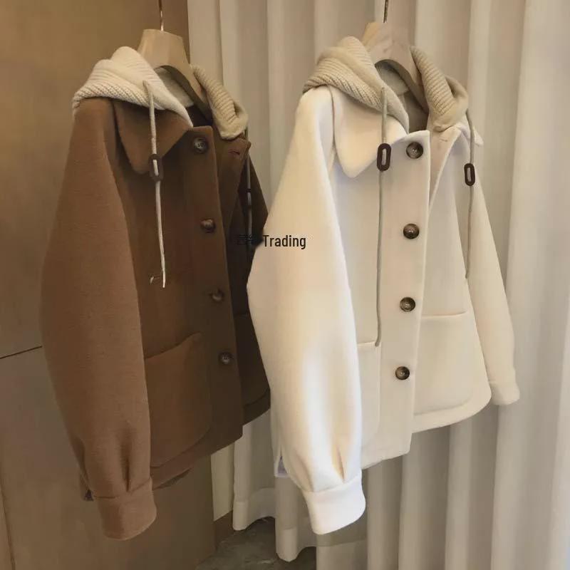 Oversized Knitted Hooded Two-Piece Woolen Coat for Women - Thick, Plush, Perfect for Fall & Winter