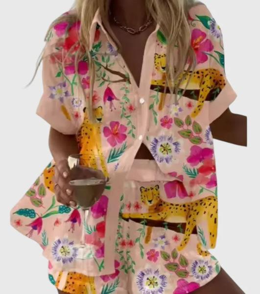 Linglong hemp European and American personality bright digital printing new casual summer top women's suit two-piece set