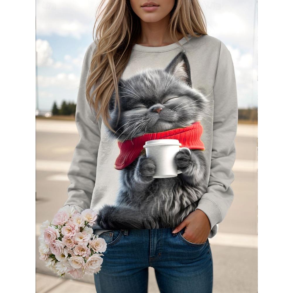 Fashion Women's Cute Cat Graphic Sweatshirts 3D Print O-Neck Long Sleeve Tops Women's Apparel Y2K Streetwears Fall Pullover