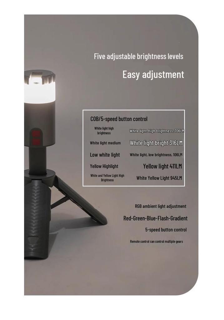 Portable Rechargeable Spotlight: Multifunctional, Dimmable, Retractable, with Remote and Four-Color Ambient Light.