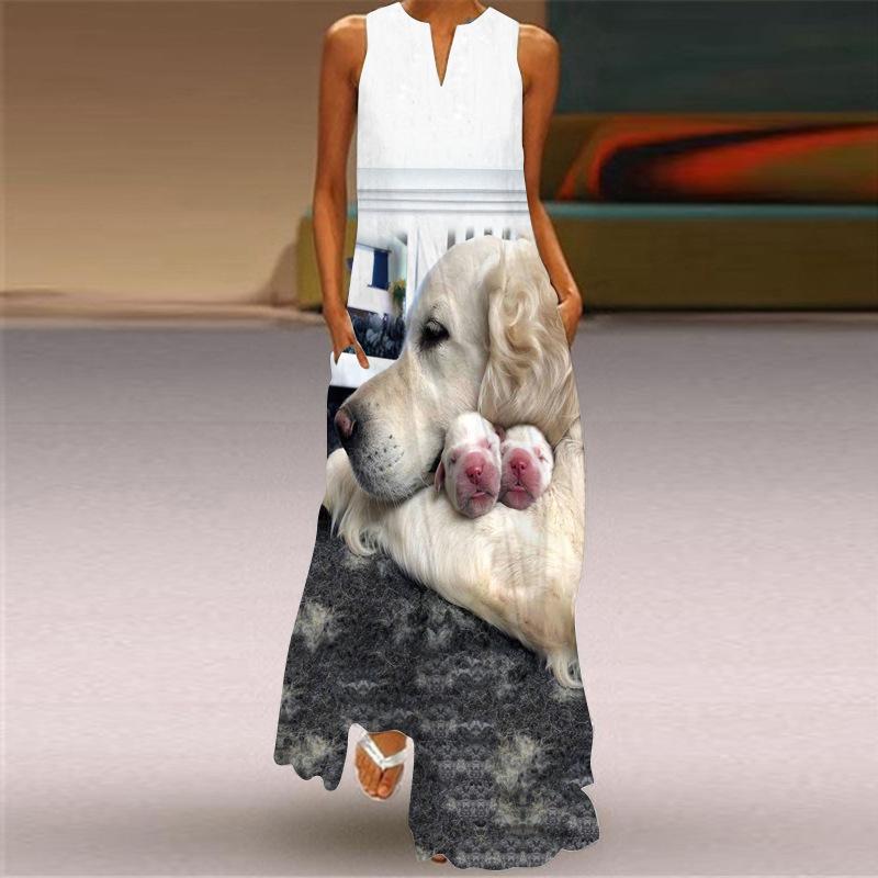 Vintage Dámské 3D tisk Boho Dlouhé šaty bez rukávů Letní móda Společenské šaty s výstřihem do V Dámské Ležérní Kapesní Tenké Vestido