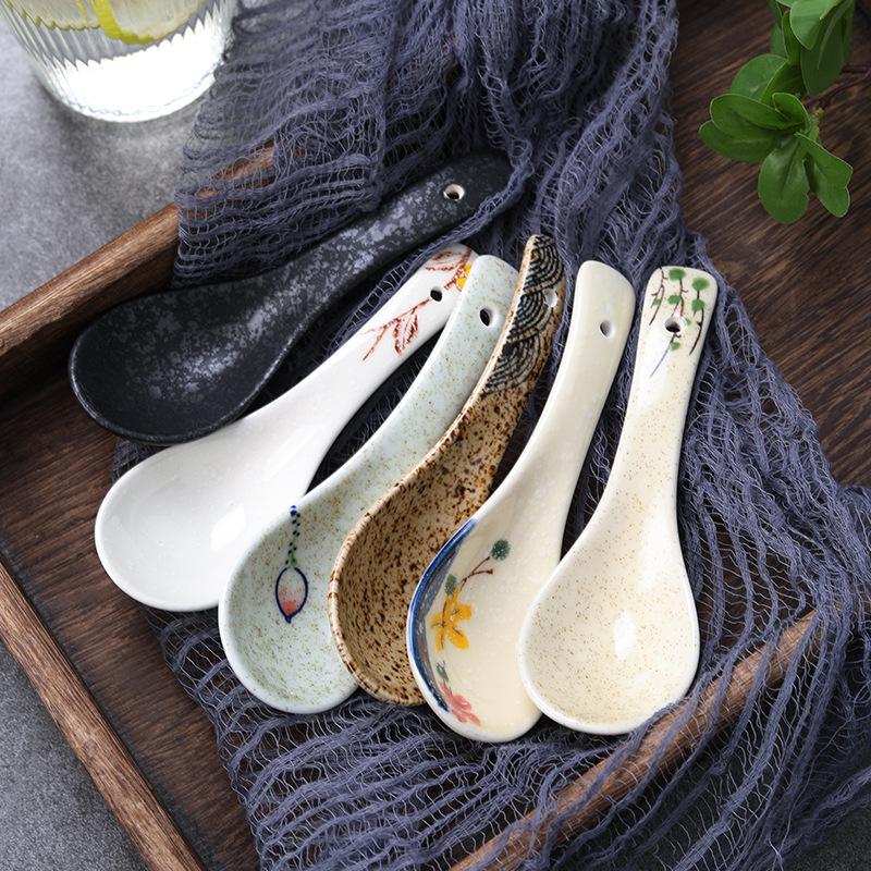 Hand-painted Japanese Ceramic Spoon – Creative Tableware for Home and Hotel, Long Handle, Underglaze Color, Ideal for Rice and Soup