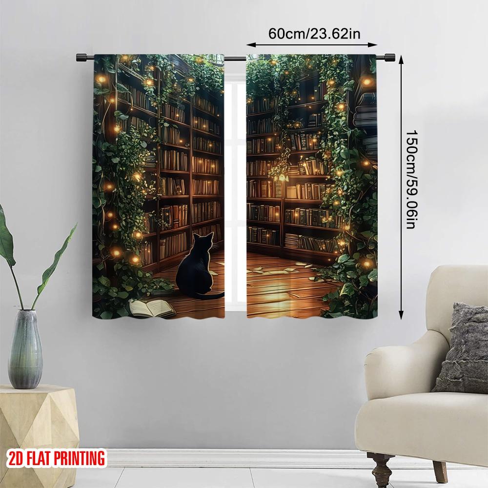 2D Flat Printing 2pcs Window Drapes Black Cat Protecting Privacy Holiday Decorations Suitable for Holiday Parties, Home Decor