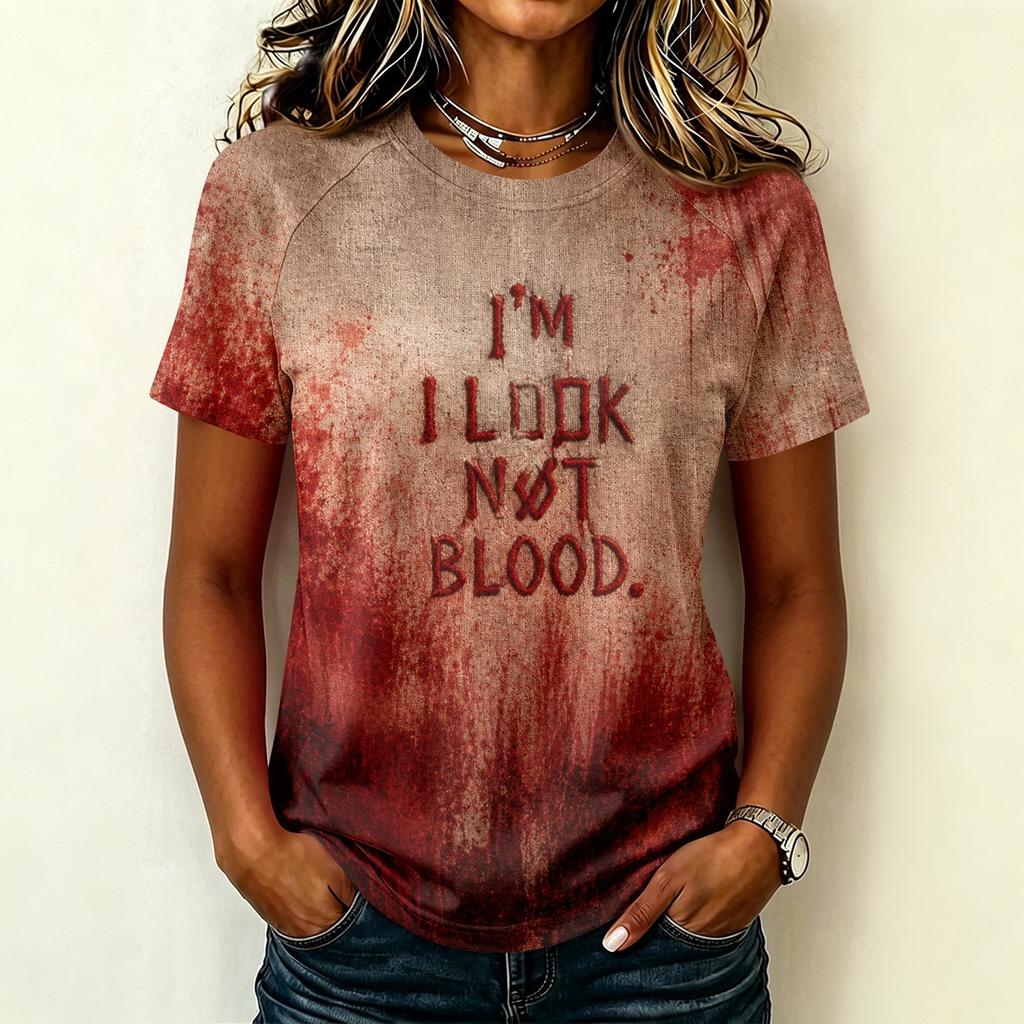 Camiseta Ligera Informal para Mujer con Mangas Raglán, Cuello Redondo y Manga Corta, Estampado Gráfico Temático de Halloween