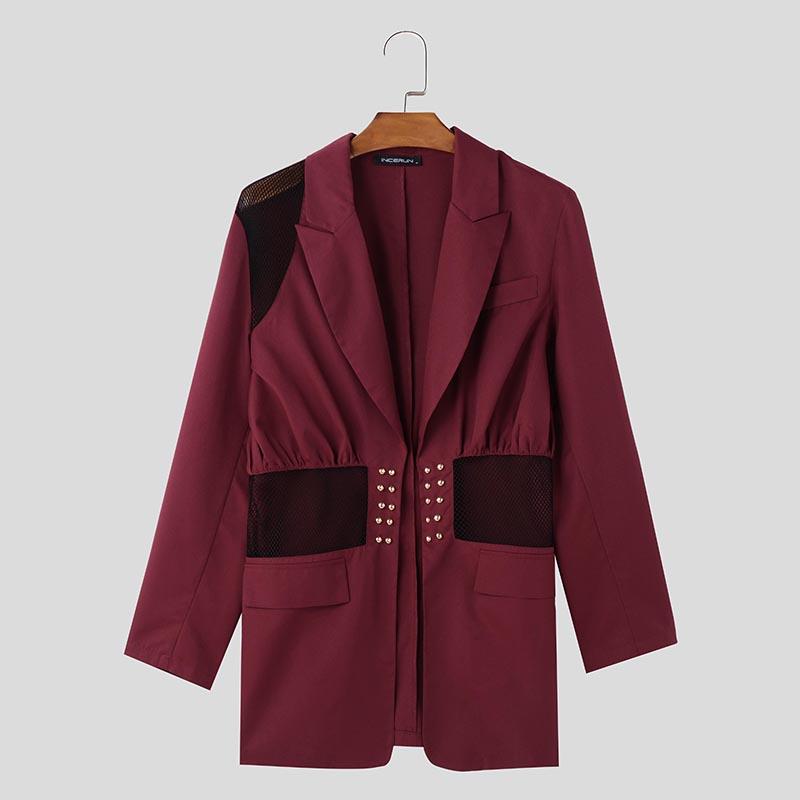 

INCERUN Мужские пиджаки с лацканами, длинными рукавами, сетчатыми вставками, прозрачные, повседневные, тонкие S вино красного