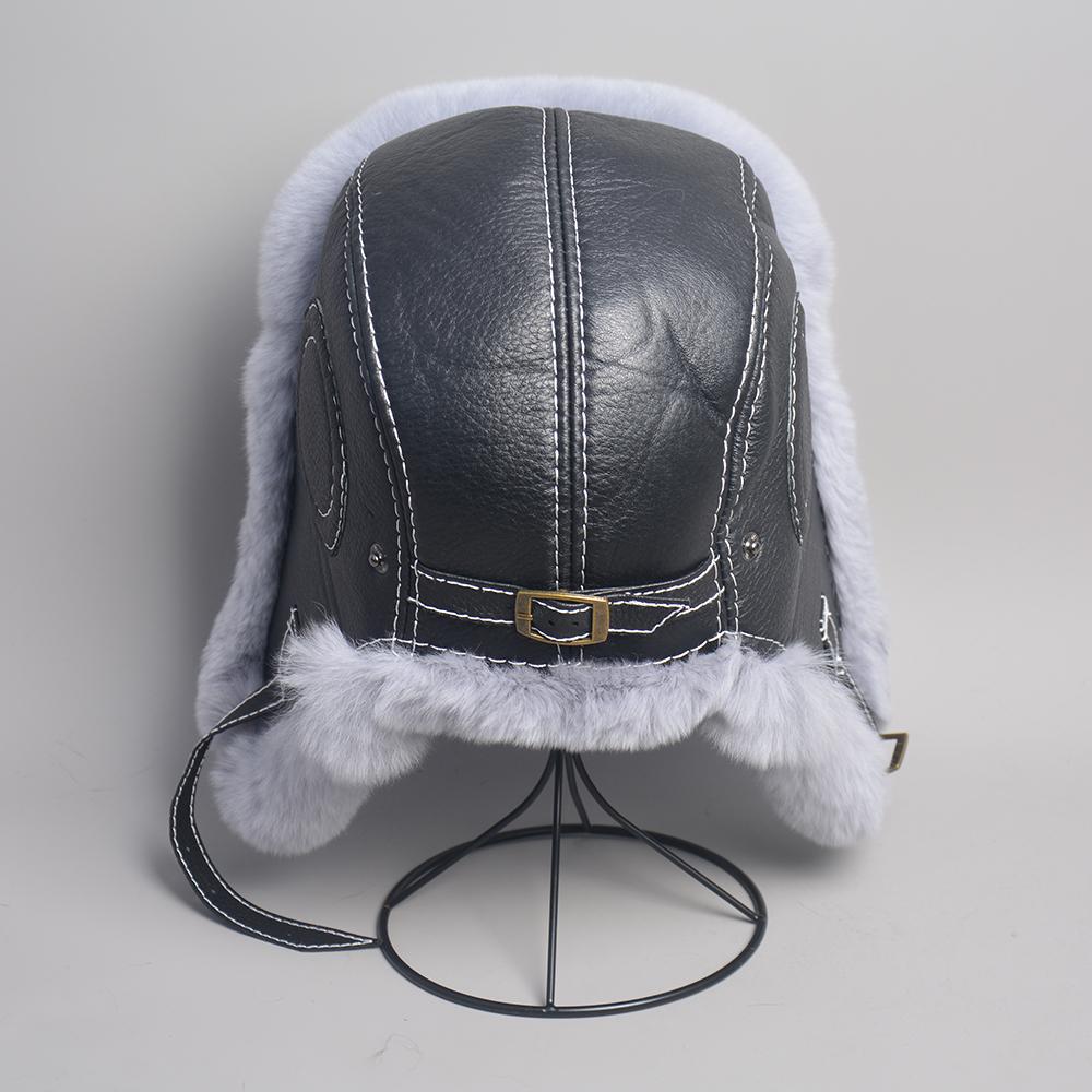 New Men's 100% Natural Rex Rabbit Fur Bomber Hats Winter Russian Man Warm Real Sheepskin Leather Hat Male Real Fur Caps