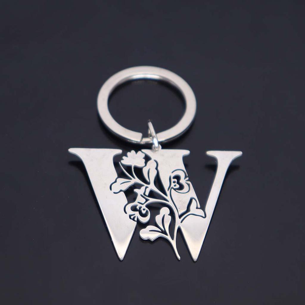 Stainless Steel Alphabet Flower Cutout Keychain Pendant