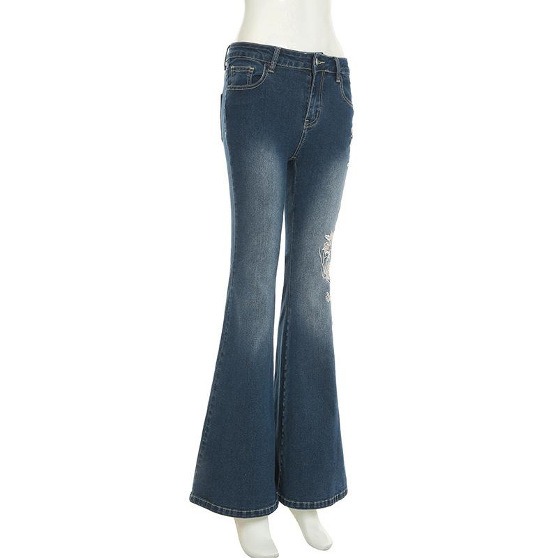 Plant Printed Embroidery Y2K Flare Jeans Women Vintage Skinny Boot Cut Trousers Fashion Street 2000s Denim Pants Fall