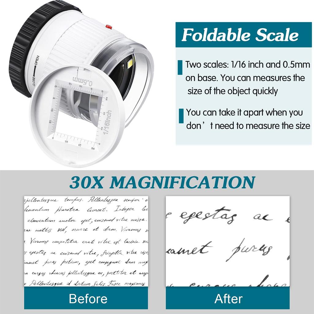 Cylindrical 30X Handheld Magnifying Glass with Scale LED UV Light Illuminated Magnifier Adjustable Focal HD Loupe Jewelry Lupa