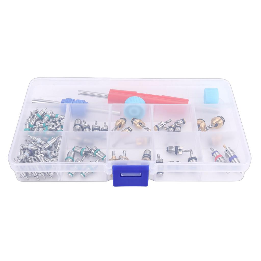 Kit di Accessori per Valvola di Condizionamento Auto da 104 Pezzi R134a R12 Set Valvole con Strumento Rimuovi Polvere per Auto Moto Camion