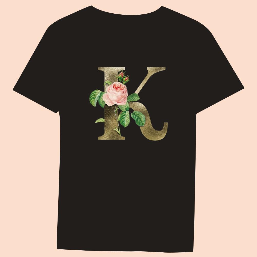 Gold Flower Letter 3D Printing Series Women's Black T-shirt Casual Large Top