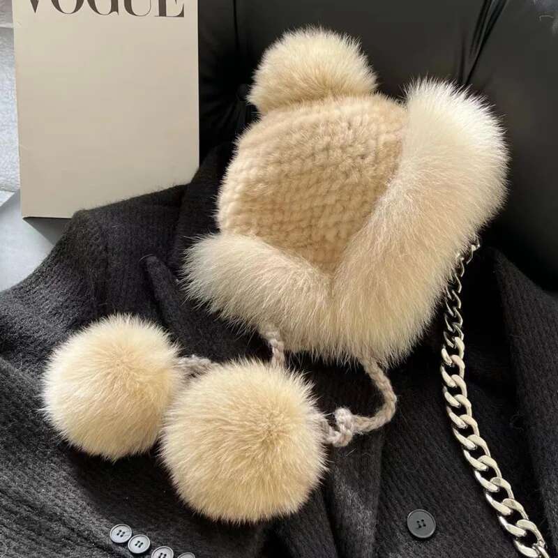 Mink Fur Hat Lei Feng Hat Natural Fur Hat With Fox Fur Ball With Ear Protection Winter Hat For Women Female Warm Knitted Hat