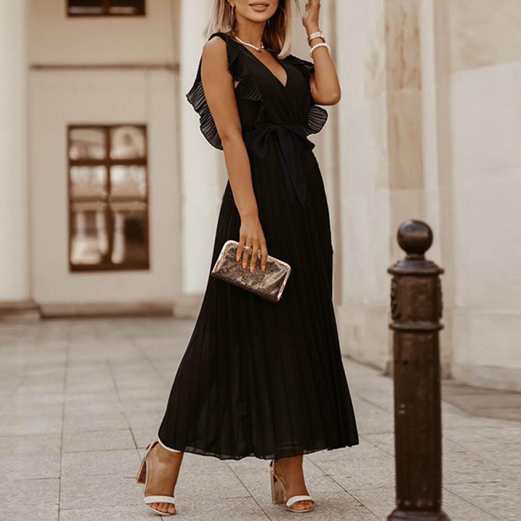 Women's Fashion Slim Sexy Ruffle Sleeve Chiffon Pleated Skirt Solid Color Dress