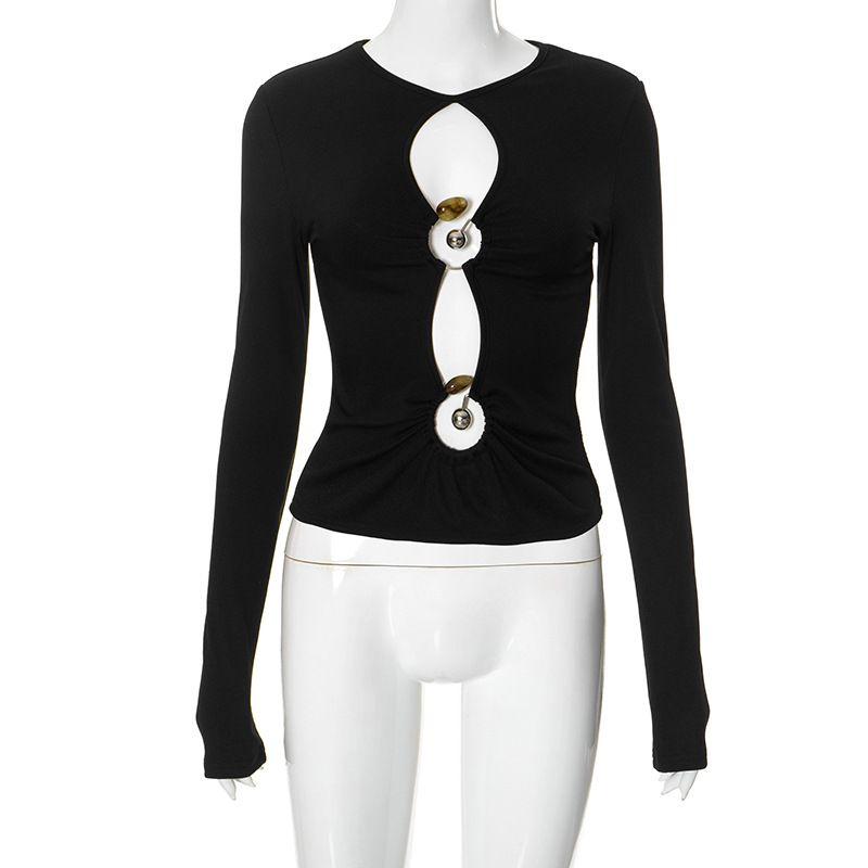 

Европейская и американская трансграничная женская одежда Лето Новинка Сексуальная однотонная с металлическим кольцом Ажурная С длинным рукавом Приталенная Гяру Сексуальная короткая куртка Black M