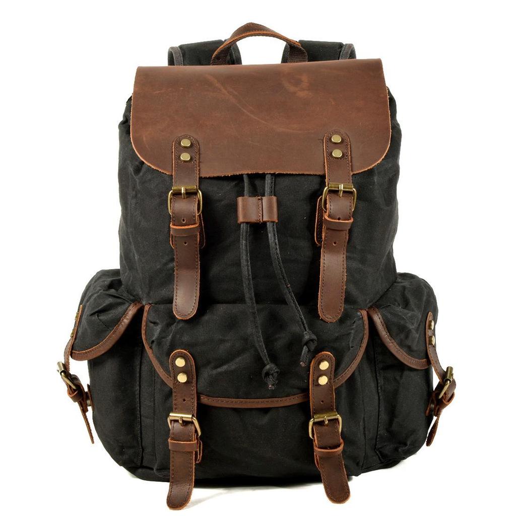 Retro Waxed Canvas Backpack - Men's Trendy Large-Capacity Shoulder Bag for Travel and Student Use.