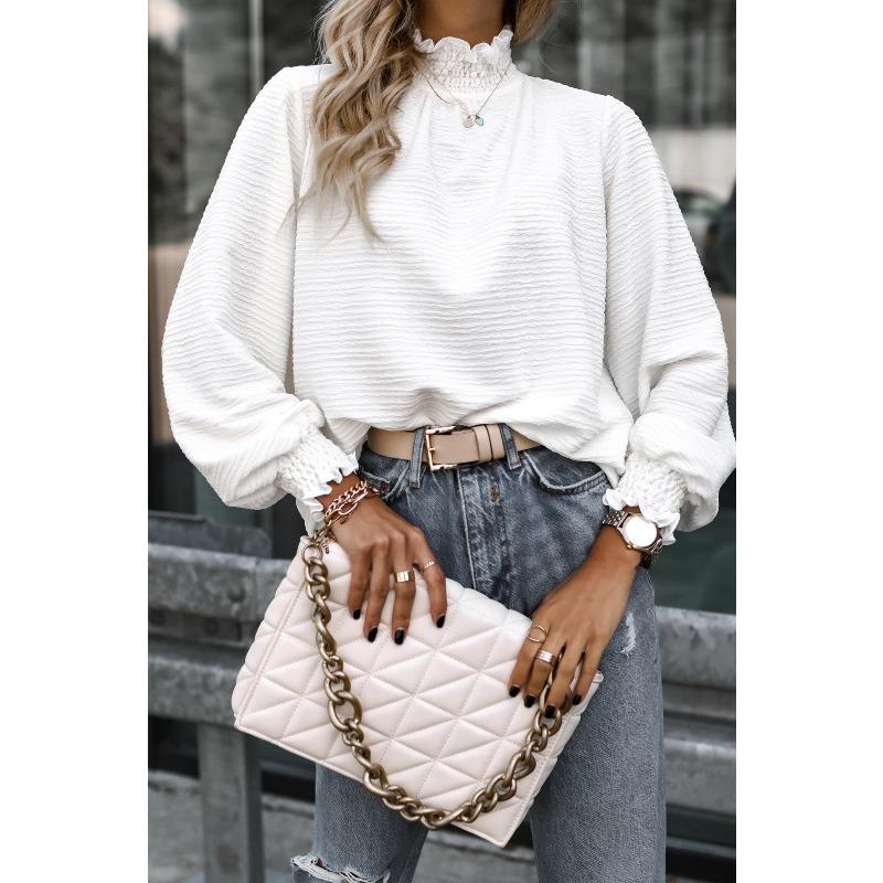 Women s Shirt New Fashion High Collar Ruffled Women s Long Sleeved Casual White Blouse Elegant Vintage Solid Color Office Lady Shirts Clothing S белый