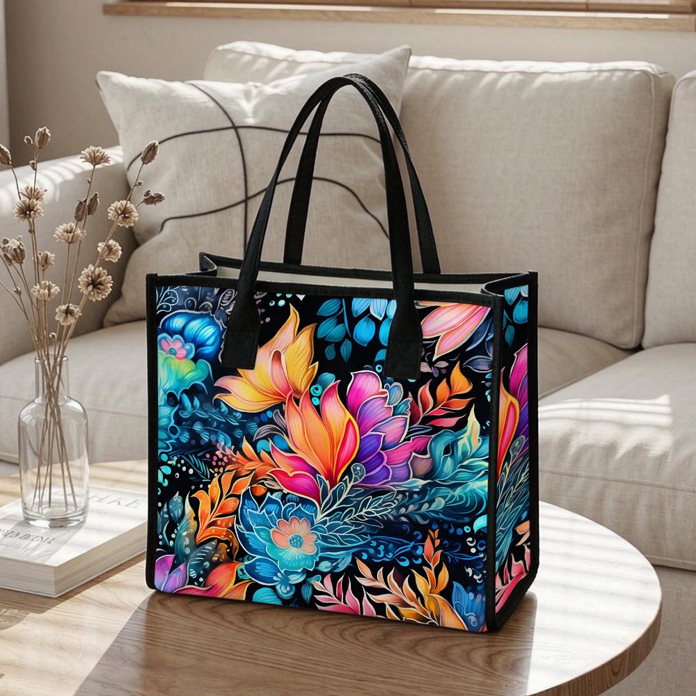 Colorful Floral Pattern Large Capacity Canvas Tote Bag For Daily Shopping Travel Commute Casual Fashion Handbag For Women