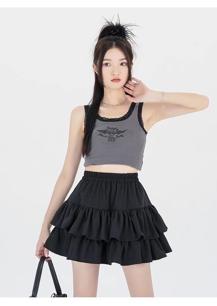 Spring 2025 Women's Black High Waist A-Line Puffy Half Umbrella Skirt