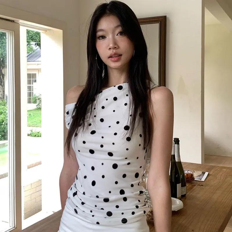 Women's Polka Dot Sleeveless Bodycon Top Slim Fit Mock Neck Casual Tee