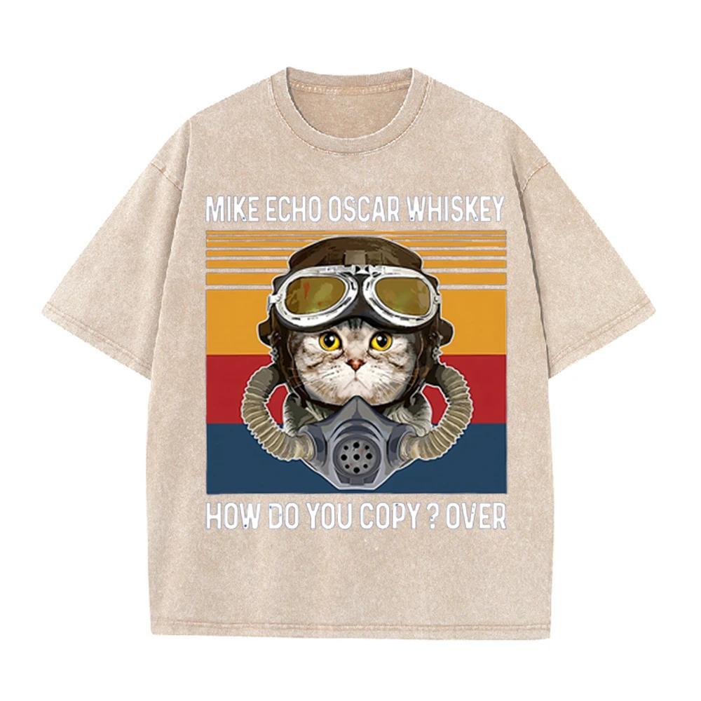 2026 Vintage Pilot Cat Mike Echo Oscar Whiskey Graphic Washed T Shirt Retro Military Style Men Women Oversized Casual Streetwear