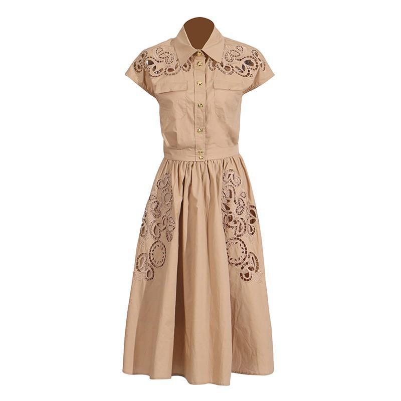 French Retro Women's Clothing Suit Lapel Short-sleeved Single-breasted Top Embroidered Hollow Skirt Women