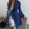 Womens Elegant Wrap-Style Colorblock Tie-Waist Dress With V-Neck Long Sleeve Asymmetrical Hem