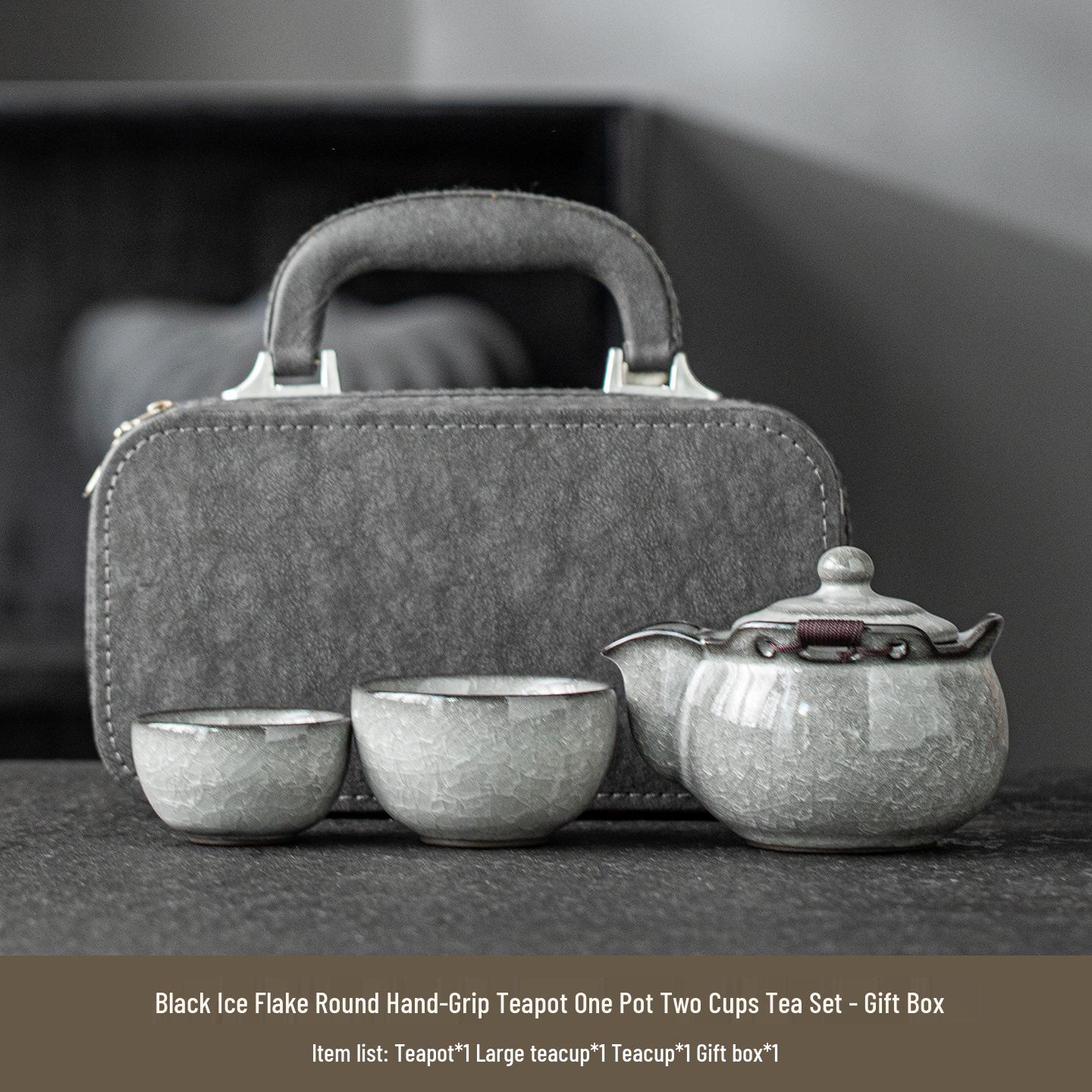 Black Ice Ceramic Hand-Grip Travel Tea Set: Portable Teapot with One Pot and Two Cups, Ice Crackle Design Standard