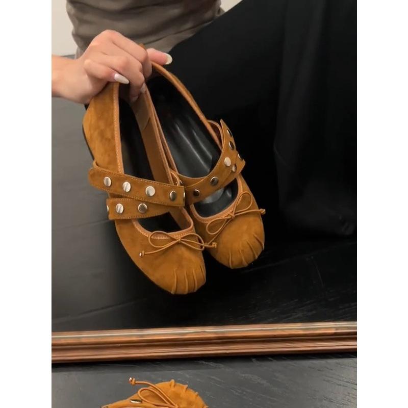 Schaffellversion~ Leder Französische Schleife flacher Boden Innenhöhenerhöhung 5cm flacher Ausschnitt Einzelne Schuhe Damen Nieten Kreuzriemen Mary Jane